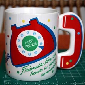 Vintage Avon 1-800 Friends Rotary Telephone Coffee Mug Red Blue Polka Dot Retro